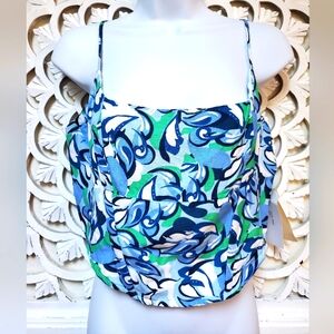 Midnight Sky L Blue White Green Linen Blend Floral Crop Top NWT